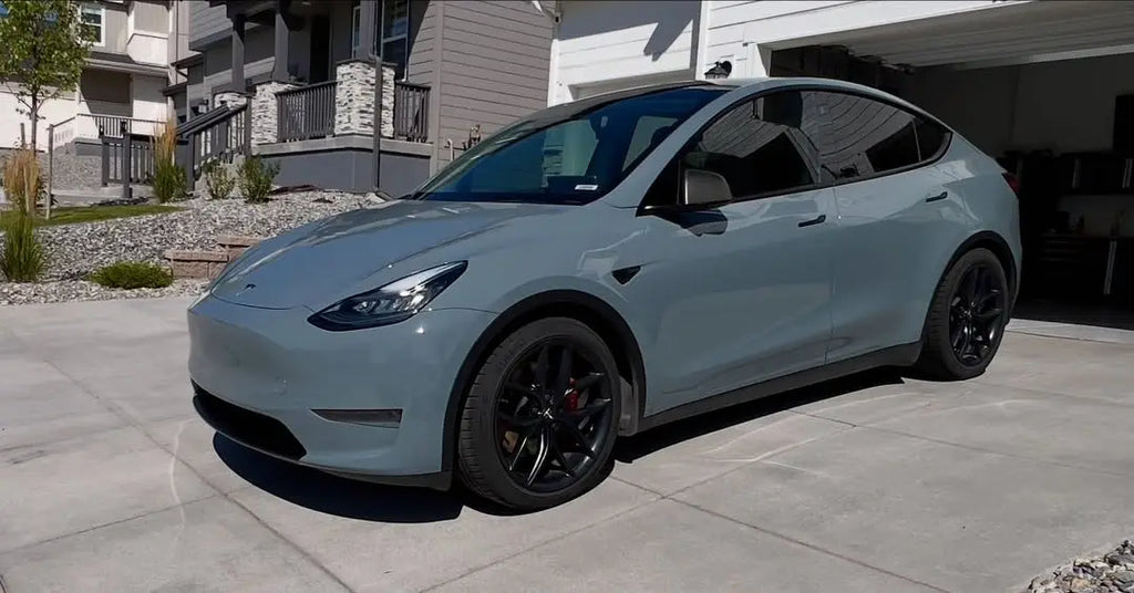 Gloss RS Nardo Grey Deep vinyl on a Tesla Model Y - front-left angle - Kaleido