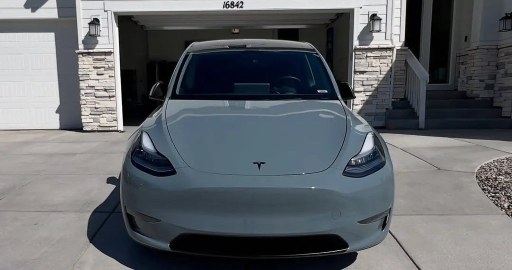 Front view of a Tesla Model Y in Gloss RS Nardo Grey Deep vinyl wrap - Kaleido
