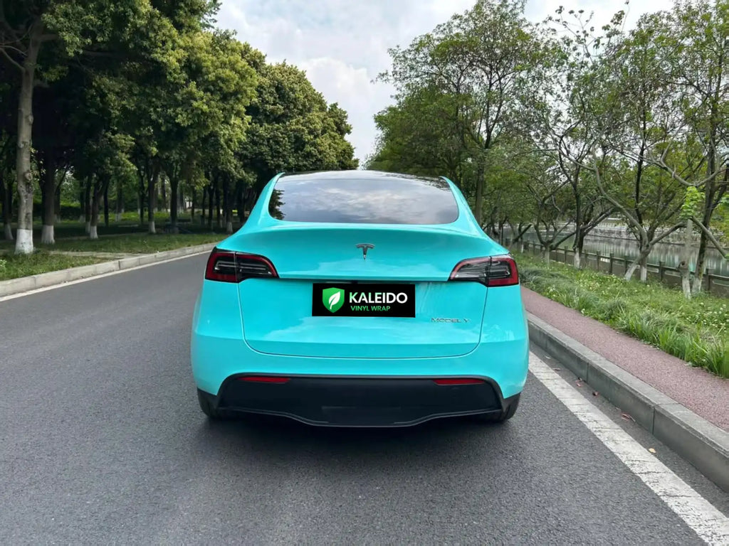 Rear view of Tesla Model Y wrapped in Gloss Tiffany film - Kaleido