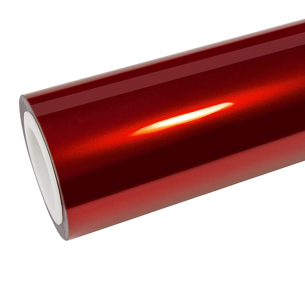 Glossy Metallic Vampire Red vinyl wrap roll on white background - Deep blood red with intense metallic sparkle - Kaleido
