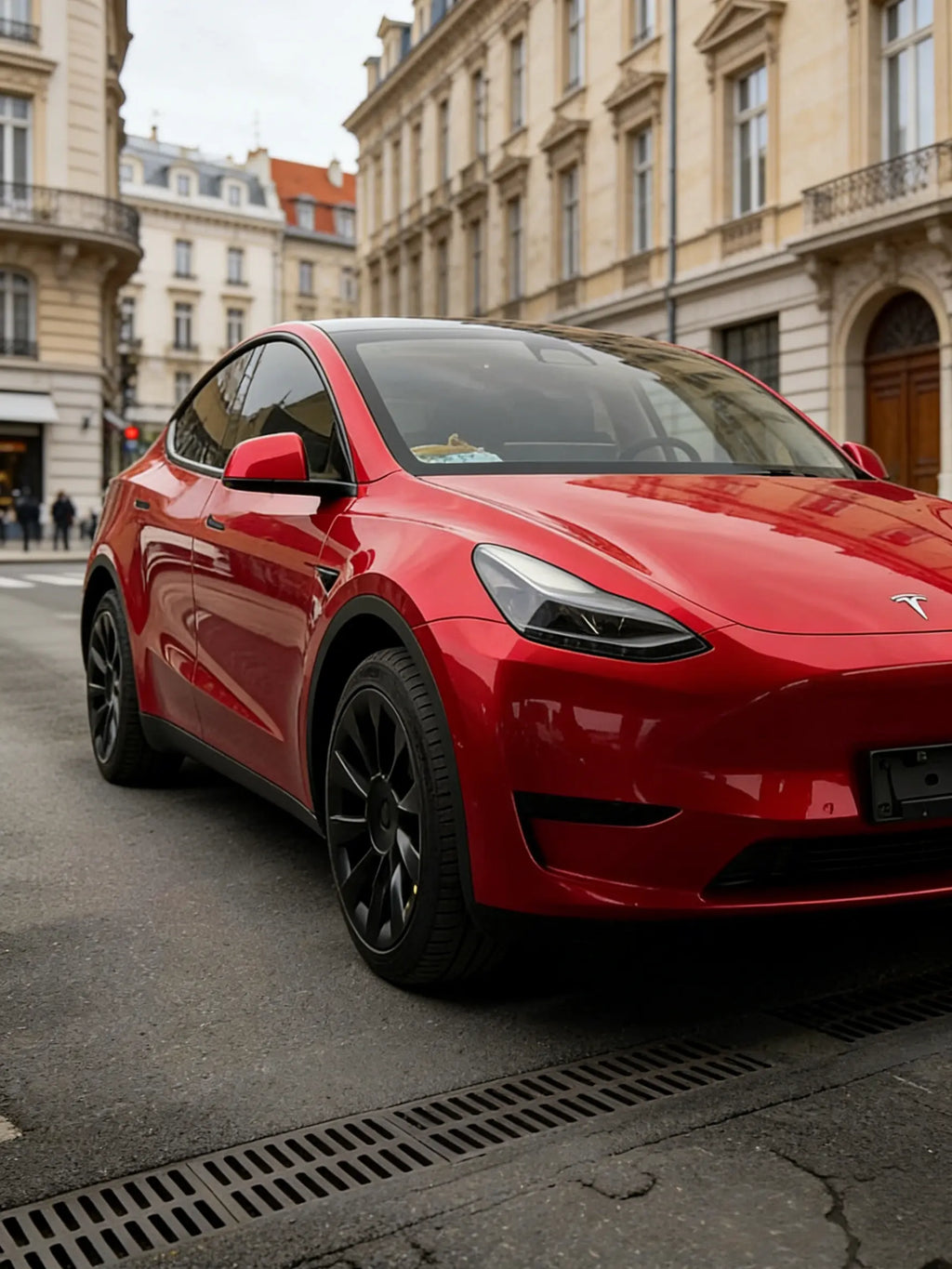 Tesla Model Y in Glossy Metallic Vampire Red vinyl - front-right view - Kaleido