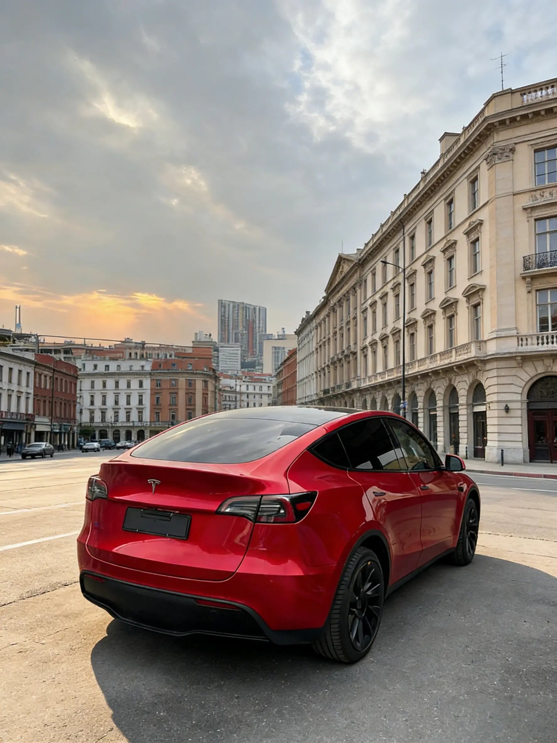 Rear-right angle of a Glossy Metallic Vampire Red wrapped Tesla Model Y SUV - Kaleido
