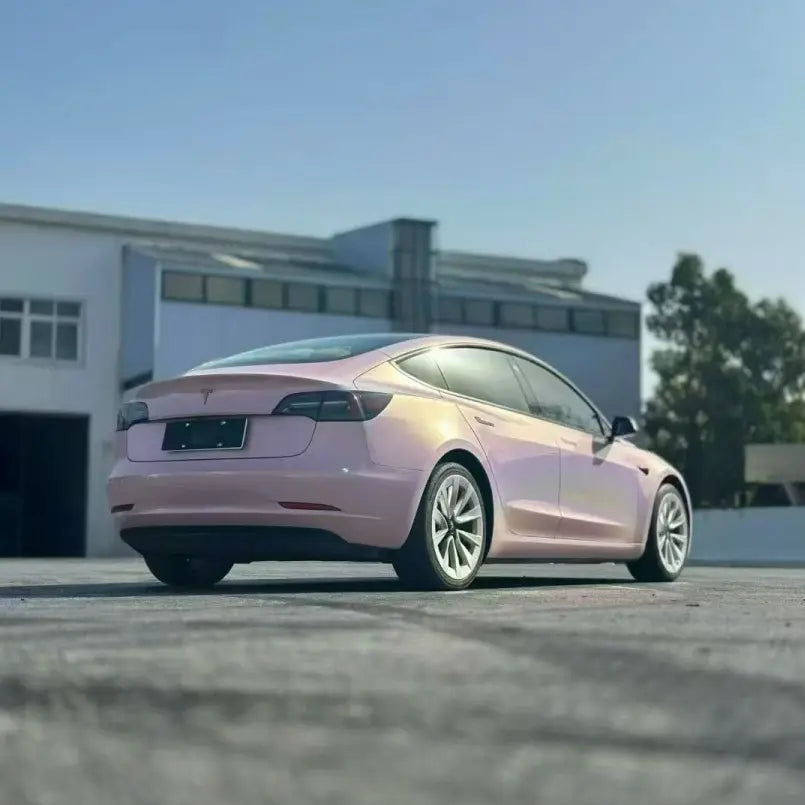 Tesla Model 3 with Laser Gloss Rouge Pink film - rear-right holographic view - Kaleido