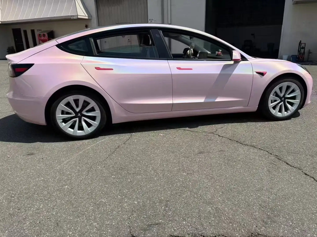 Tesla Model 3 in Laser Gloss Rouge Pink - right side holographic profile - Kaleido