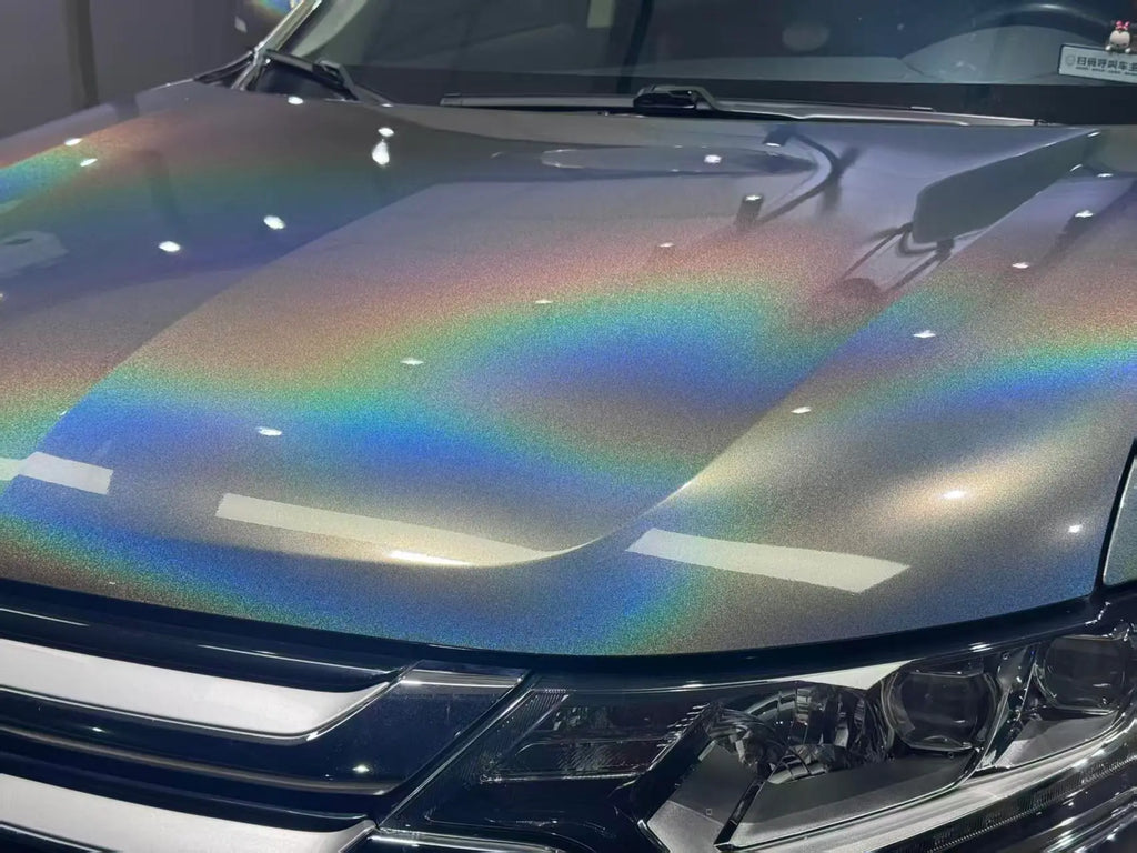 Close-up of Laser Holographic Gray vinyl on Roewe RX8 hood - holographic rainbow flakes - Kaleido
