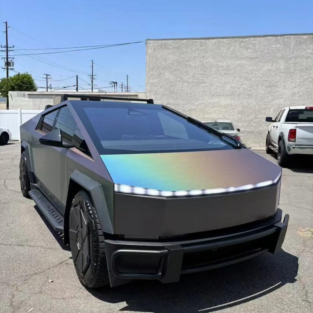 Detailed shot of Laser Satin Gray wrap on Cybertruck front hood area - satin texture with holographic sparkle - Kaleido
