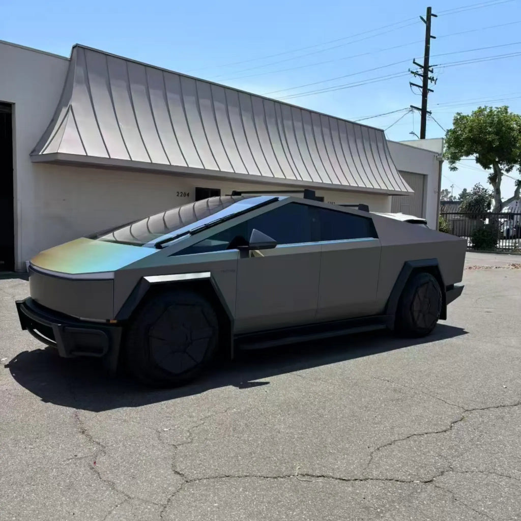 Left side profile of Tesla Cybertruck wrapped in Laser Satin Gray - satin matte finish with laser effect - Kaleido