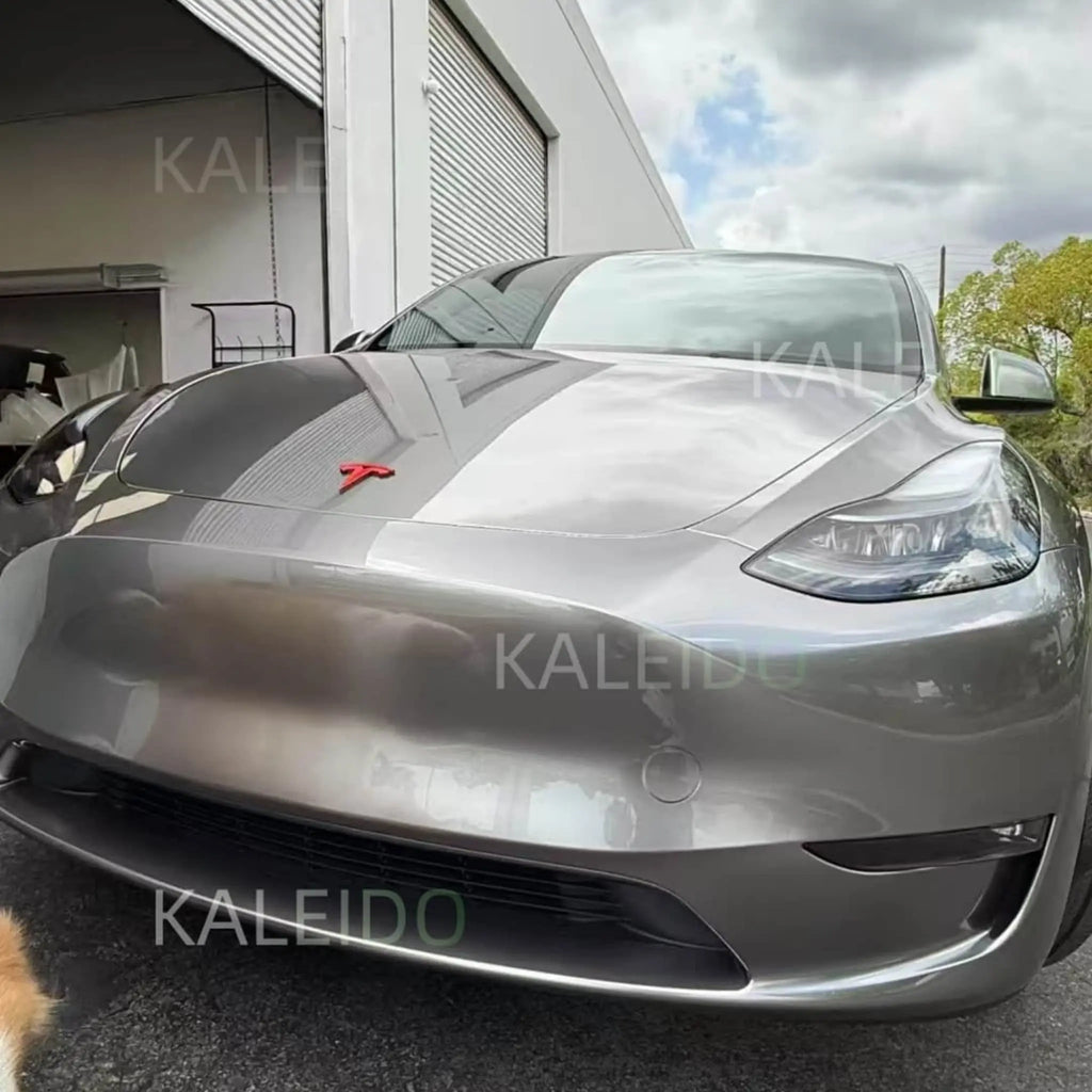 Close-up front view of Tesla Model 3 with Liquid Silver metallic wrap - Kaleido