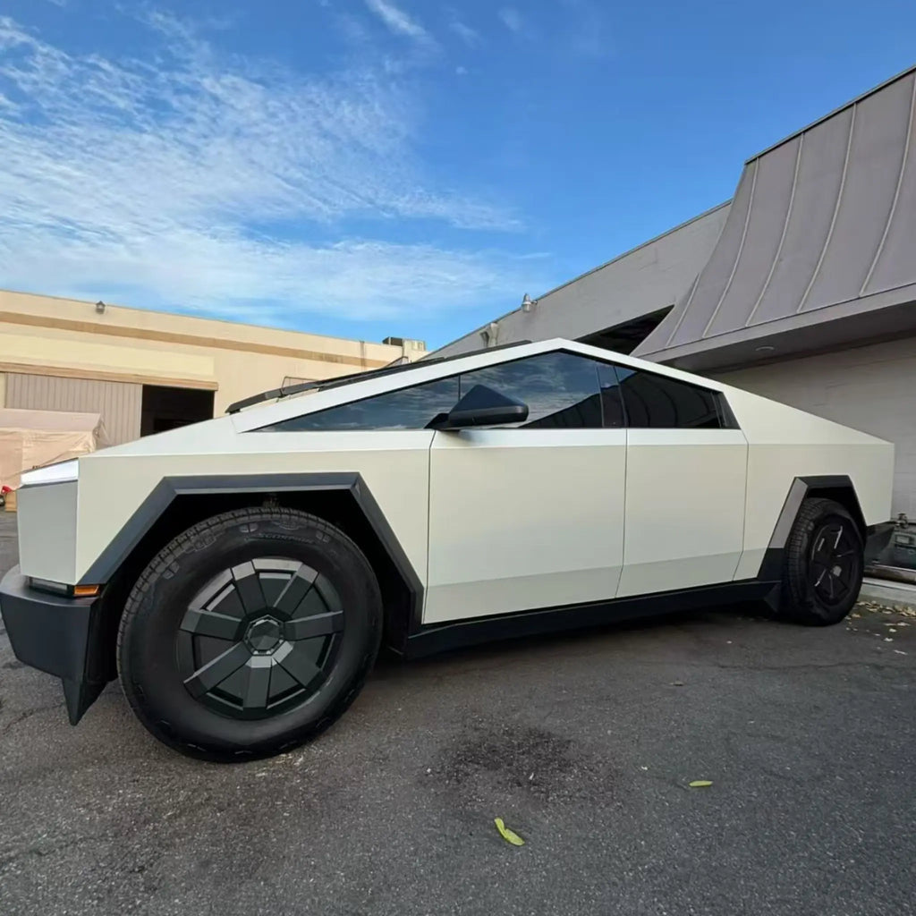 Close-up of Matte Lunar White vinyl on Tesla Cybertruck left side panel - Kaleido