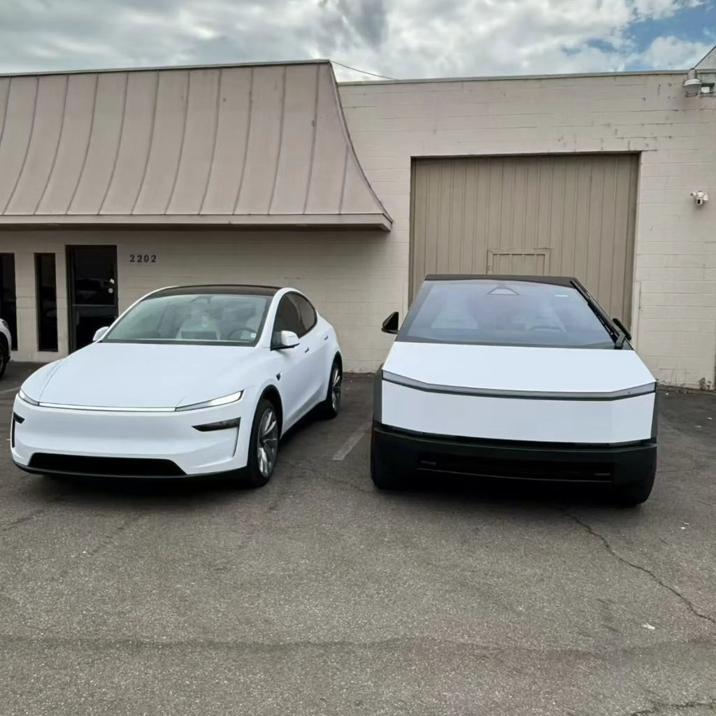 Tesla Model Y and Cybertruck side by side in Matte Lunar White wrap - dual front view comparison - Kaleido
