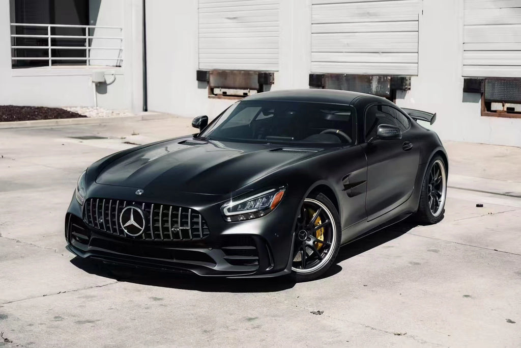 45-degree front view of Silky Noir matte wrapped AMG GT R - best angle showing car's profile - Kaleido