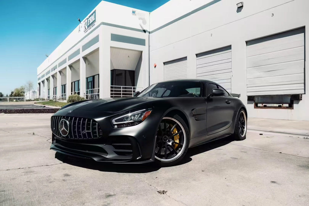 Silky Noir matte vinyl wrap on Mercedes-AMG GT R - front-left view showcasing sleek sports car lines - Kaleido
