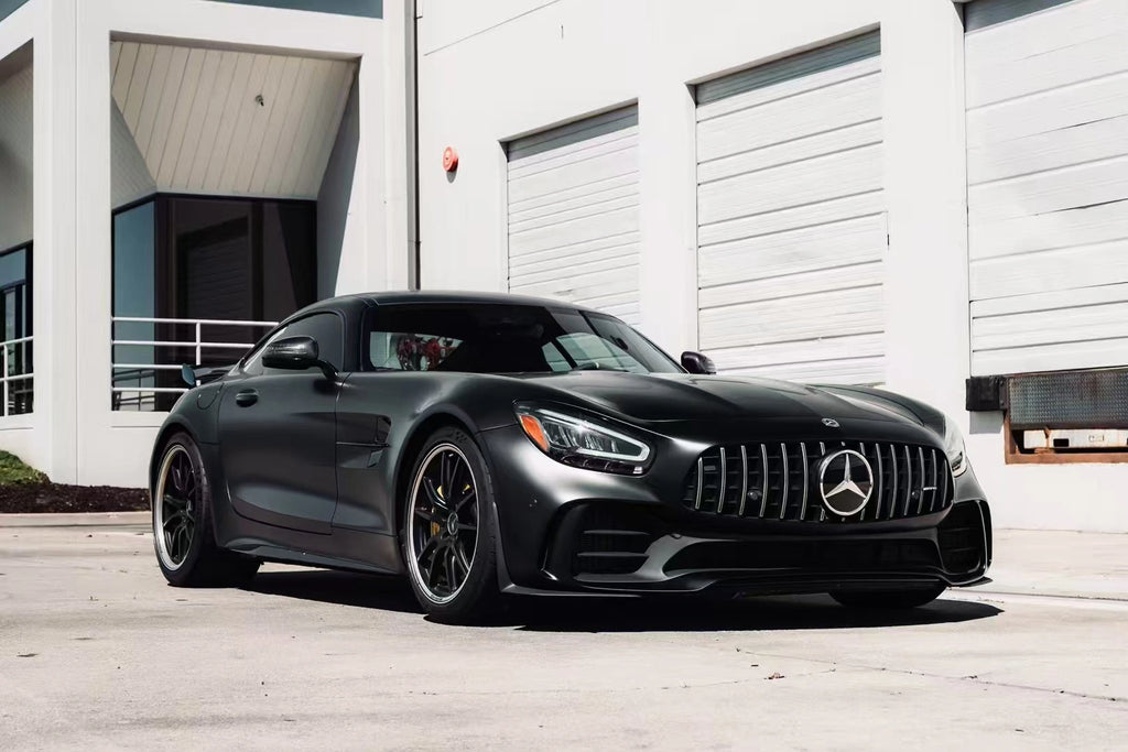 Mercedes-AMG GT R wrapped in Silky Noir - front-right view showing aggressive stance - Kaleido