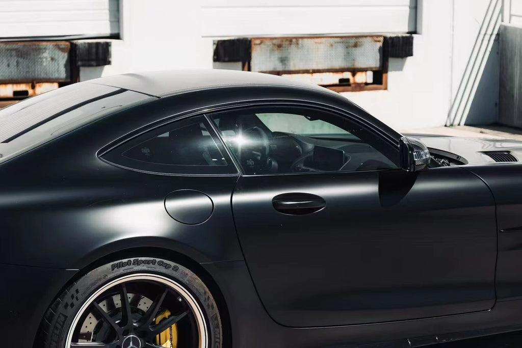 Silky Noir matte vinyl on Mercedes-AMG GT R right door - seamless panel coverage - Kaleido