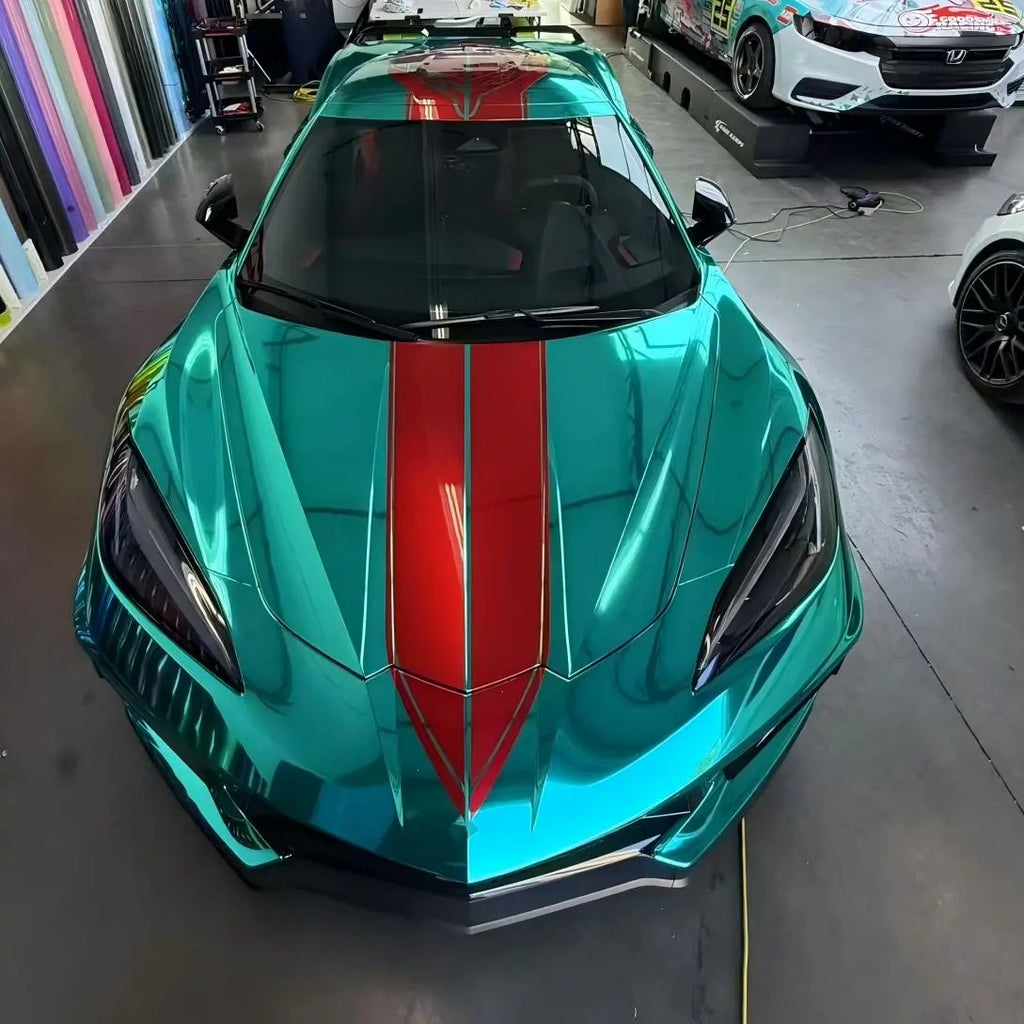 Mirror Chrome Green wrap on Chevrolet Corvette C8 front hood - extreme reflective surface - Kaleido