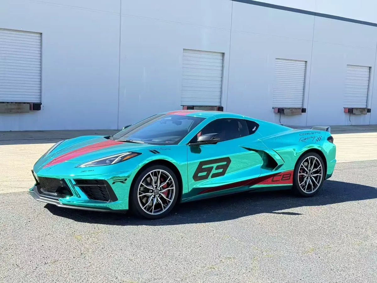 Chevrolet Corvette C8 in Mirror Chrome Green - front-left outdoor view showcasing mid-engine design - Kaleido