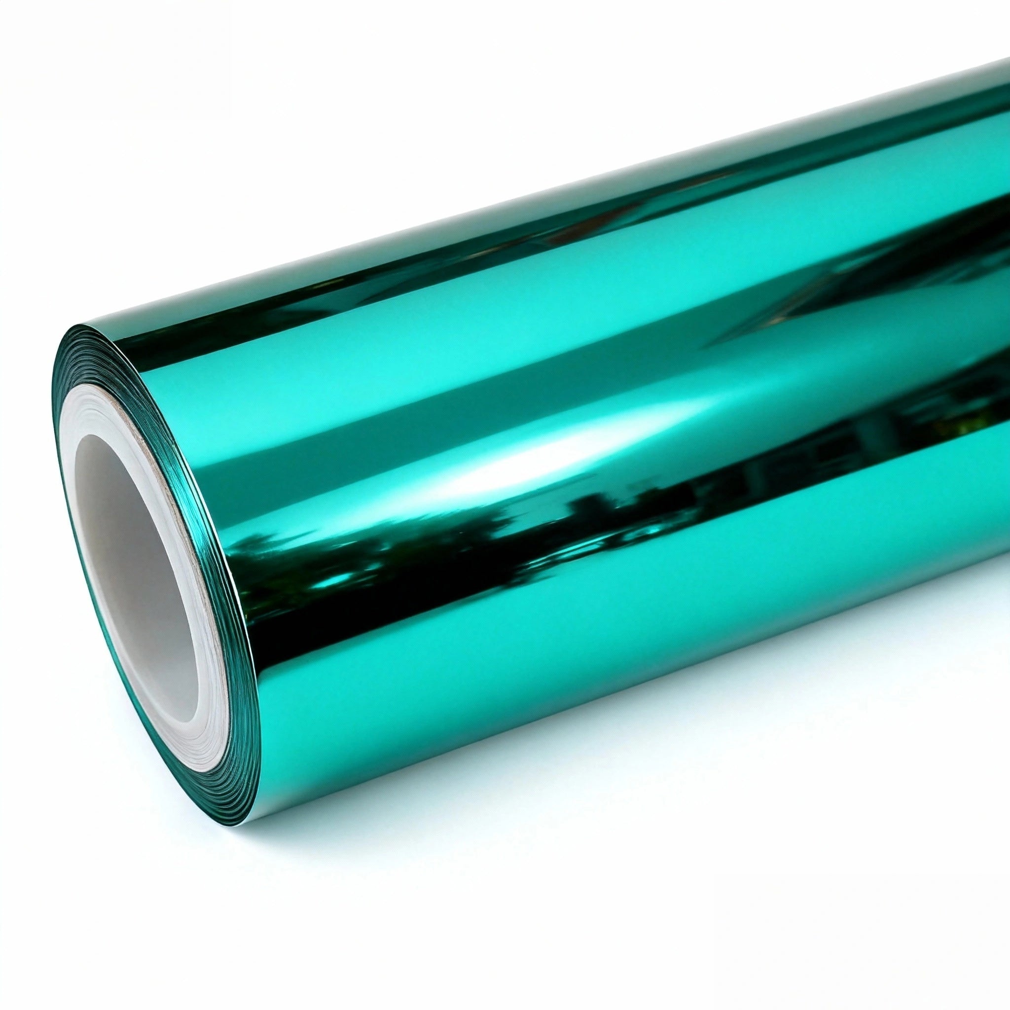 Mirror Chrome Green vinyl wrap roll on white background - High-gloss reflective green chrome film - Kaleido