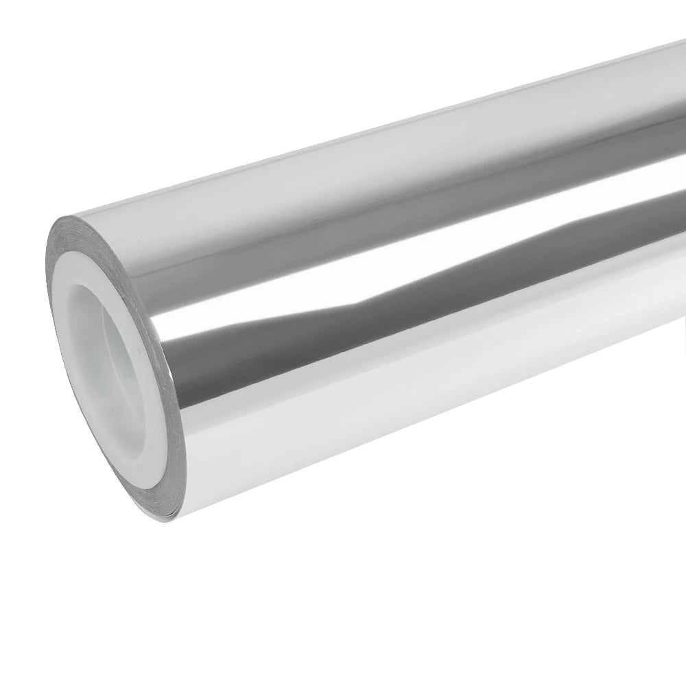 Mirror Chrome Silver vinyl wrap roll on white background - Highly reflective chrome silver finish - Kaleido