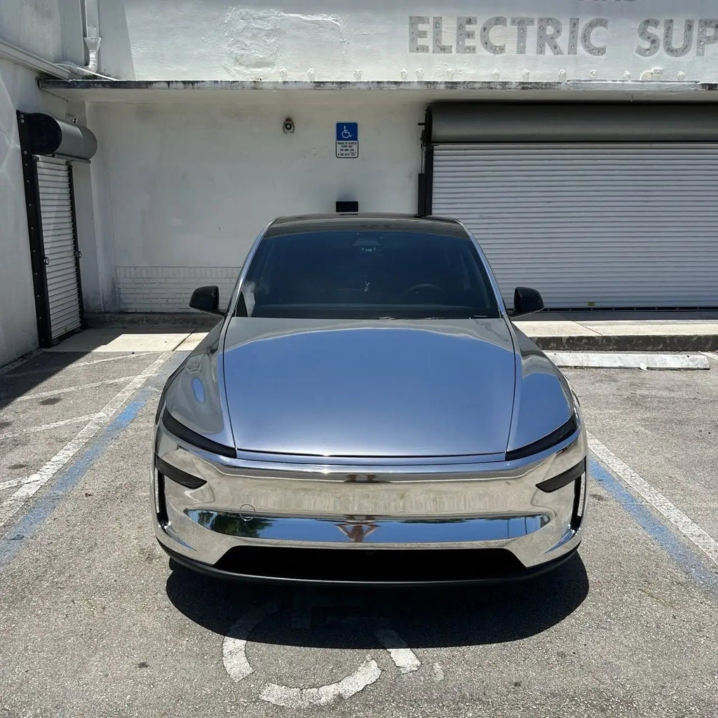 Front view of Tesla Model Y with Mirror Chrome Silver mirror finish - Kaleido