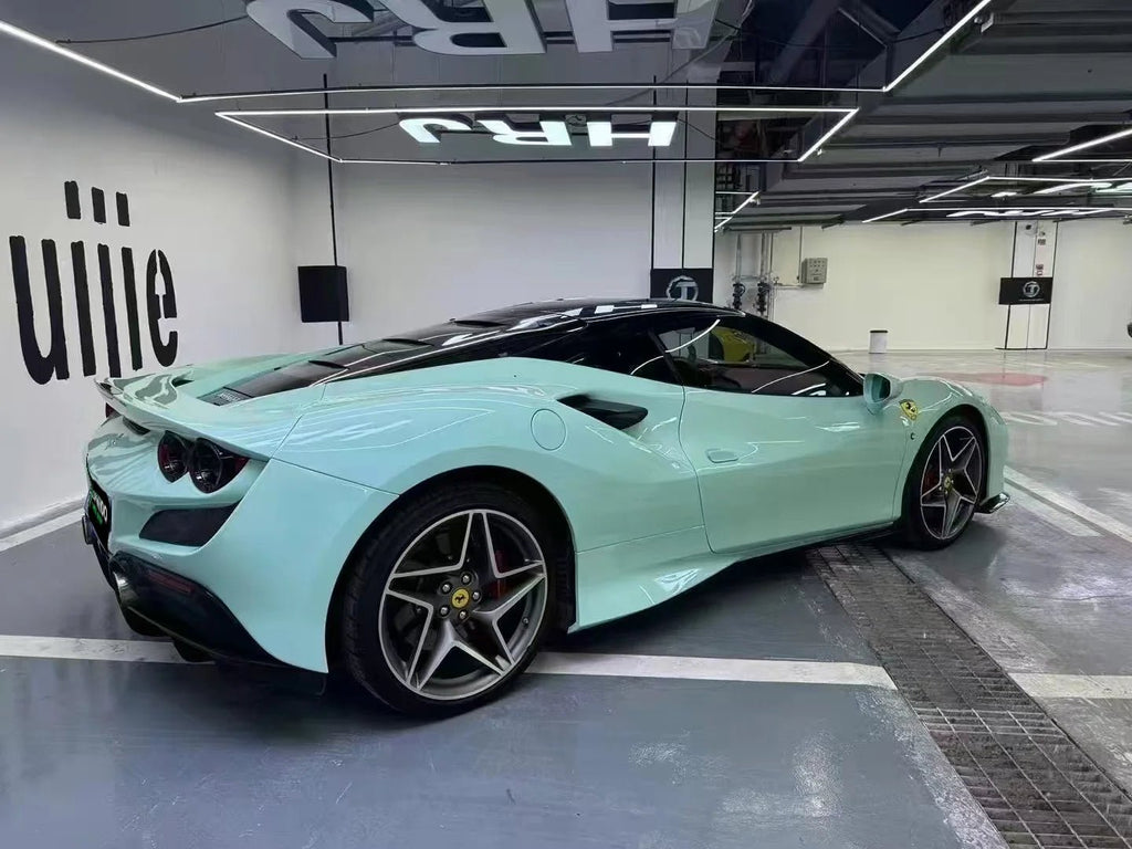 Ferrari F8 Tributo in Rolls-Royce Sagano Green - rear-right angle - Kaleido