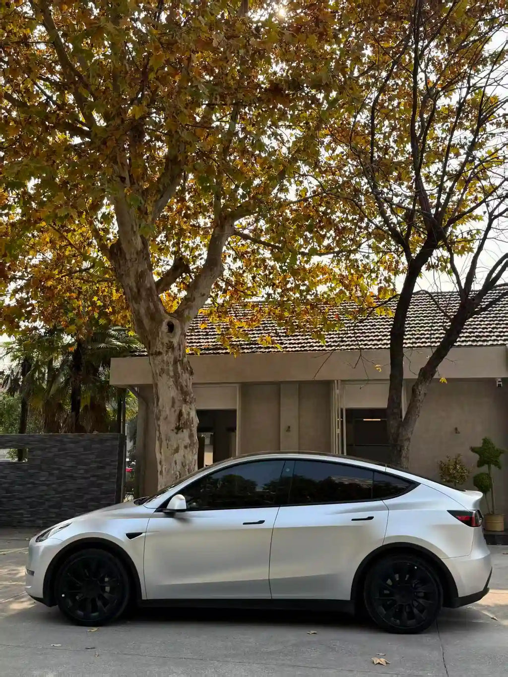 Panoramic left side view of a Satin Chrome Alexander Silver wrapped Tesla Model Y - showing full length - Kaleido