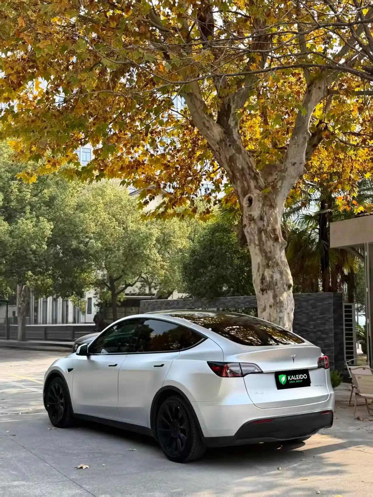 Rear-left three-quarter view of a Satin Chrome Alexander Silver wrapped Tesla Model Y - Kaleido