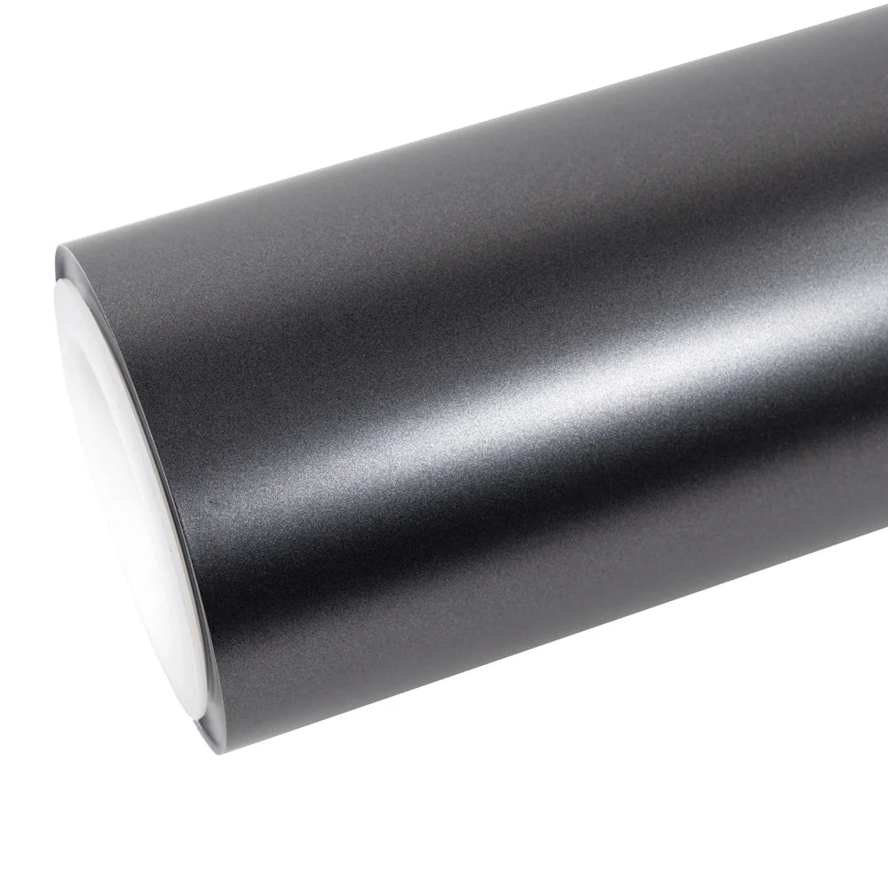 AMG Selenite Grey satin chrome vinyl wrap roll on white background - Premium matte metallic car film by Kaleido