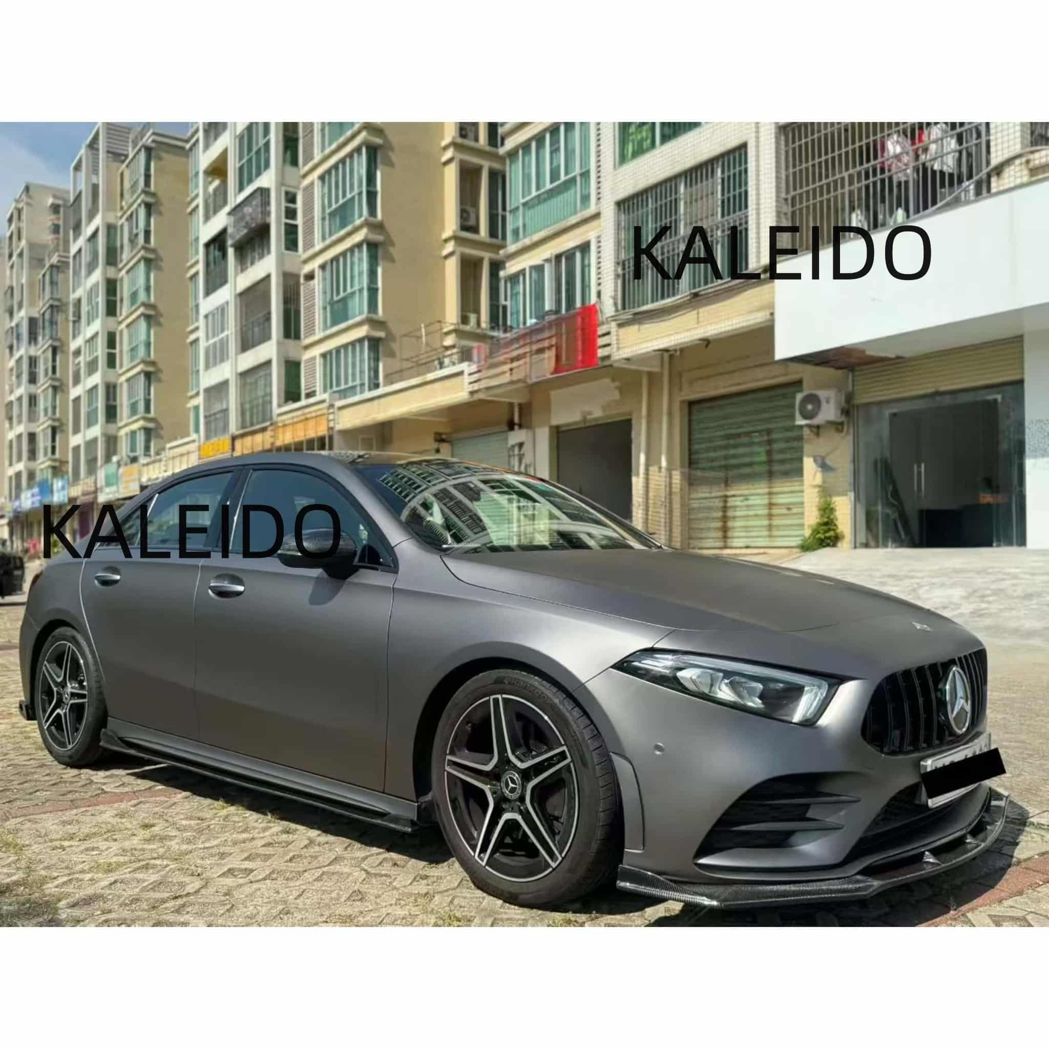 AMG Selenite Grey satin chrome wrap on the front-right side of a Mercedes A220 - Kaleido
