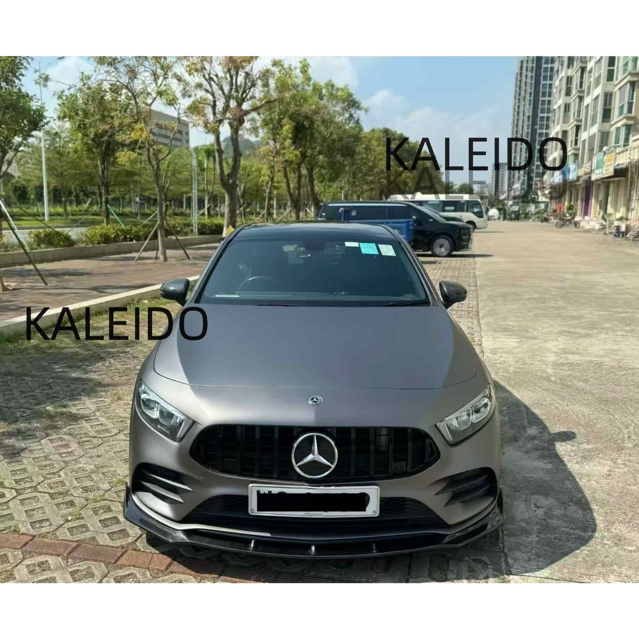 Front view of a Mercedes-Benz A220 wrapped in AMG Selenite Grey satin chrome vinyl - Kaleido
