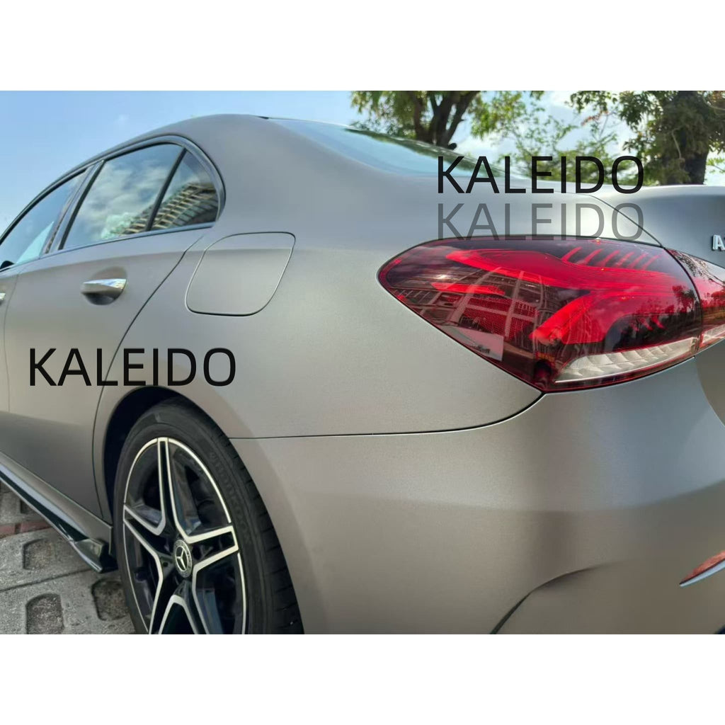 Rear-left three-quarter view of the satin chrome wrapped Mercedes A220 - Kaleido