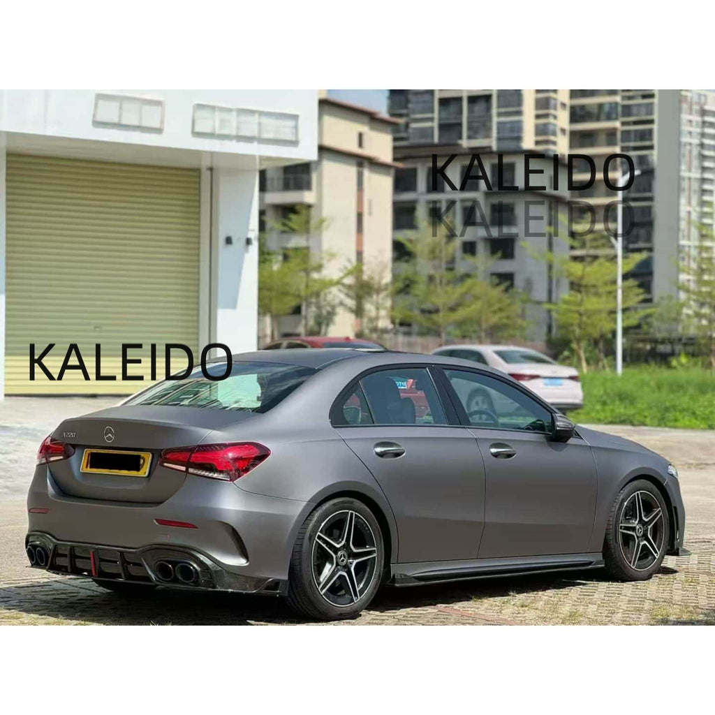 AMG Selenite Grey satin chrome wrap, rear-right angle of a Mercedes A220 - Kaleido