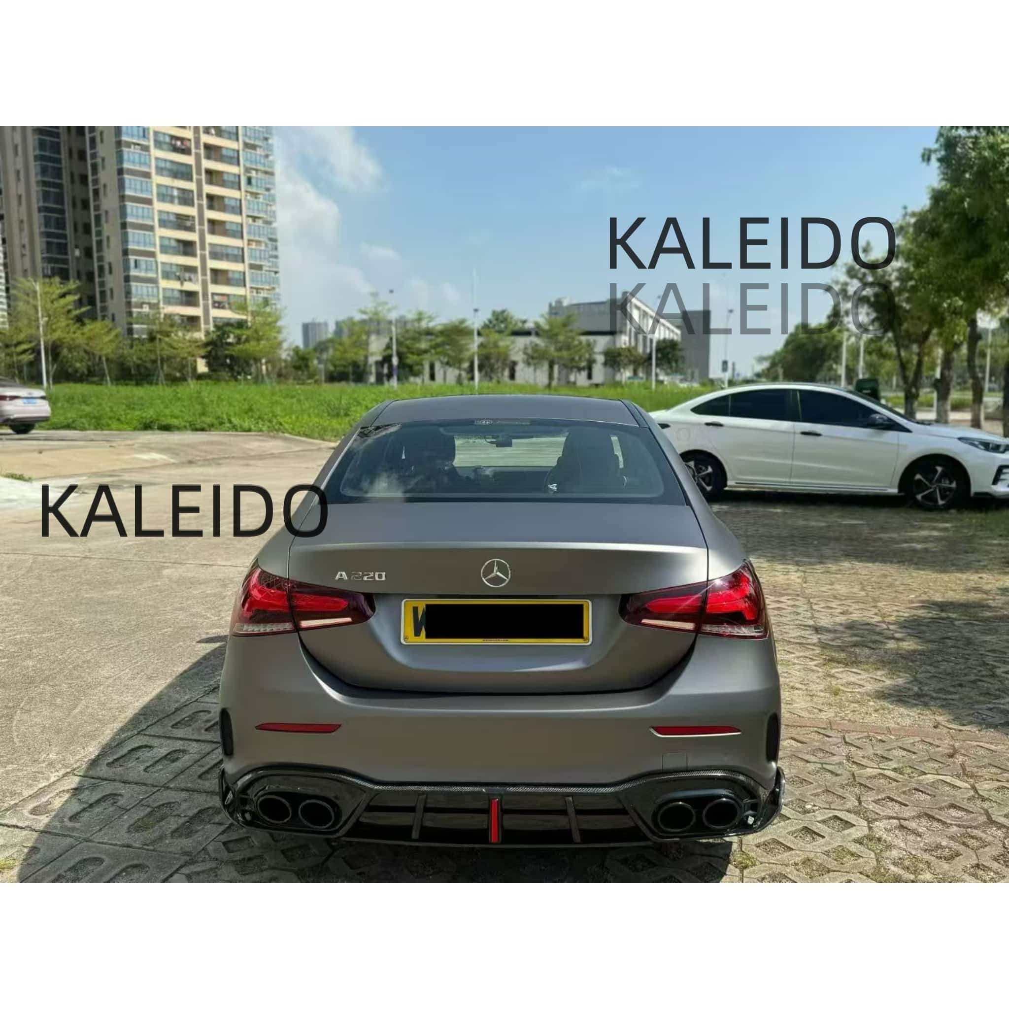 Rear view of the Mercedes A220 with AMG Selenite Grey satin chrome vinyl wrap - Kaleido