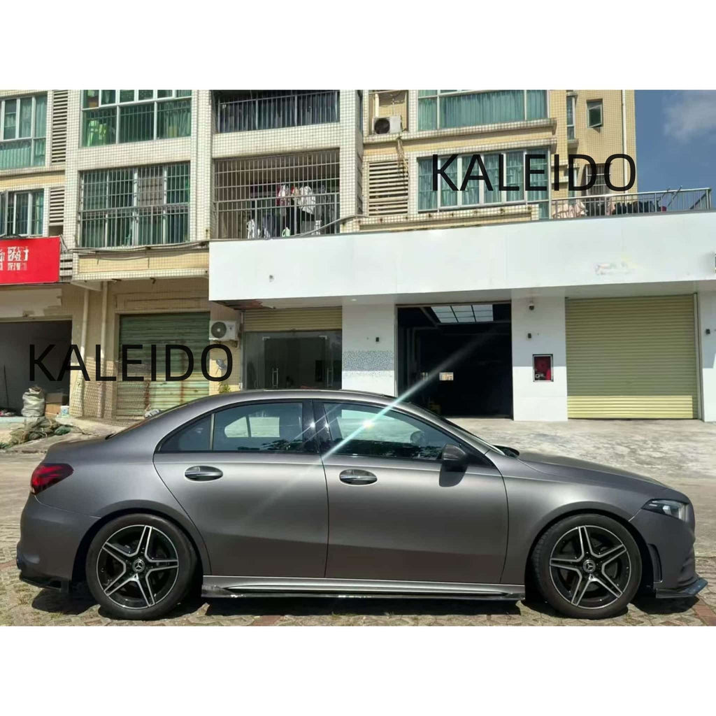 Clean side profile of a Mercedes A220 in AMG Selenite Grey satin chrome film - Kaleido