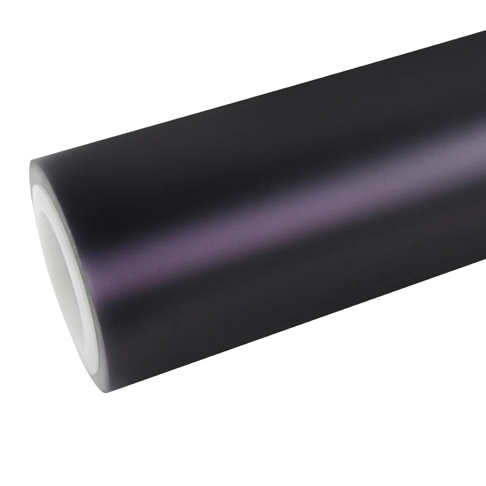 Satin Chrome Black Purple vinyl wrap roll on white background - A dark matte purple with a metallic sheen - Kaleido