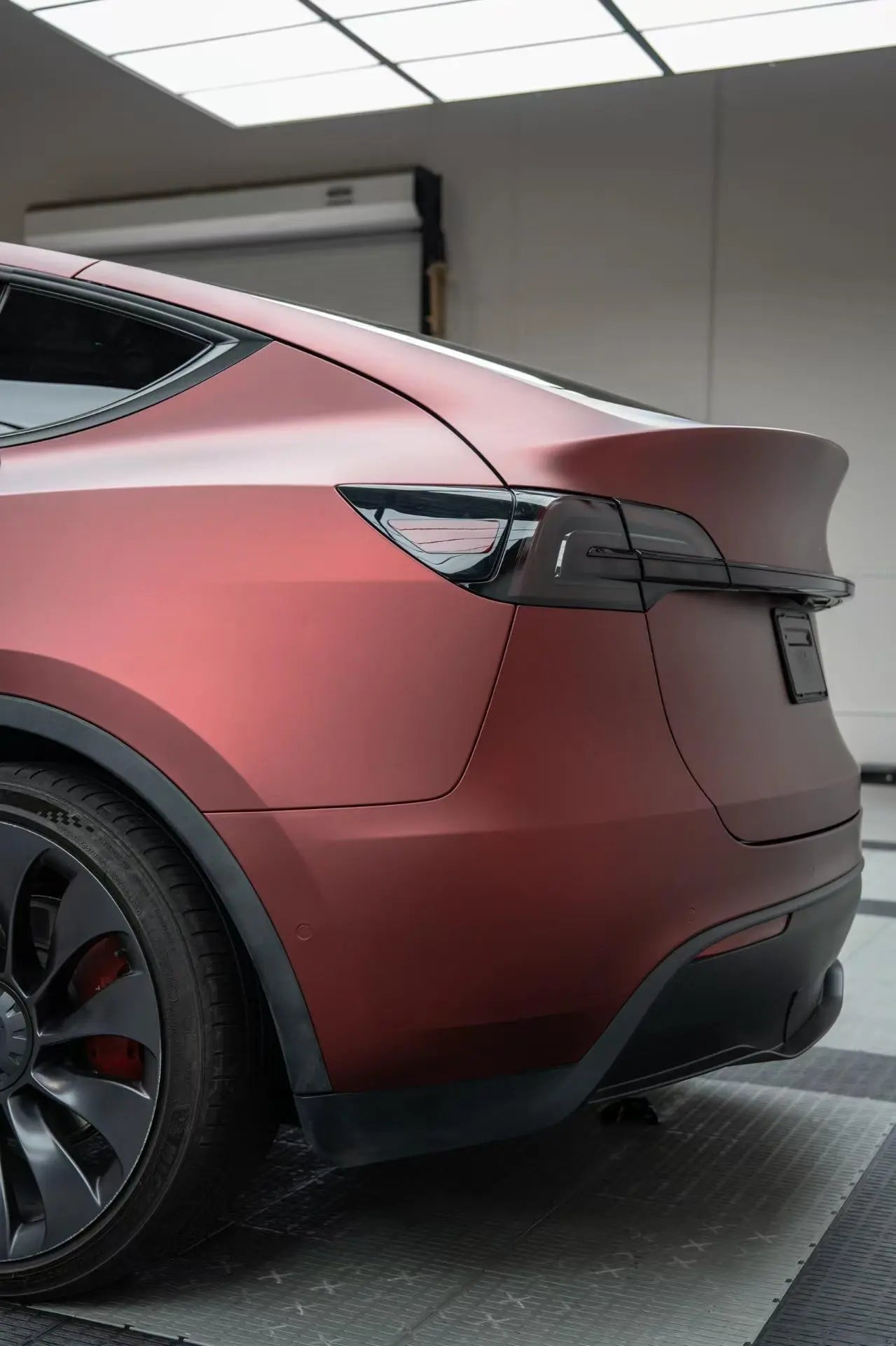Tesla Model Y left rear quarter panel in Satin Chrome Silk Red - silky smooth matte red - Kaleido