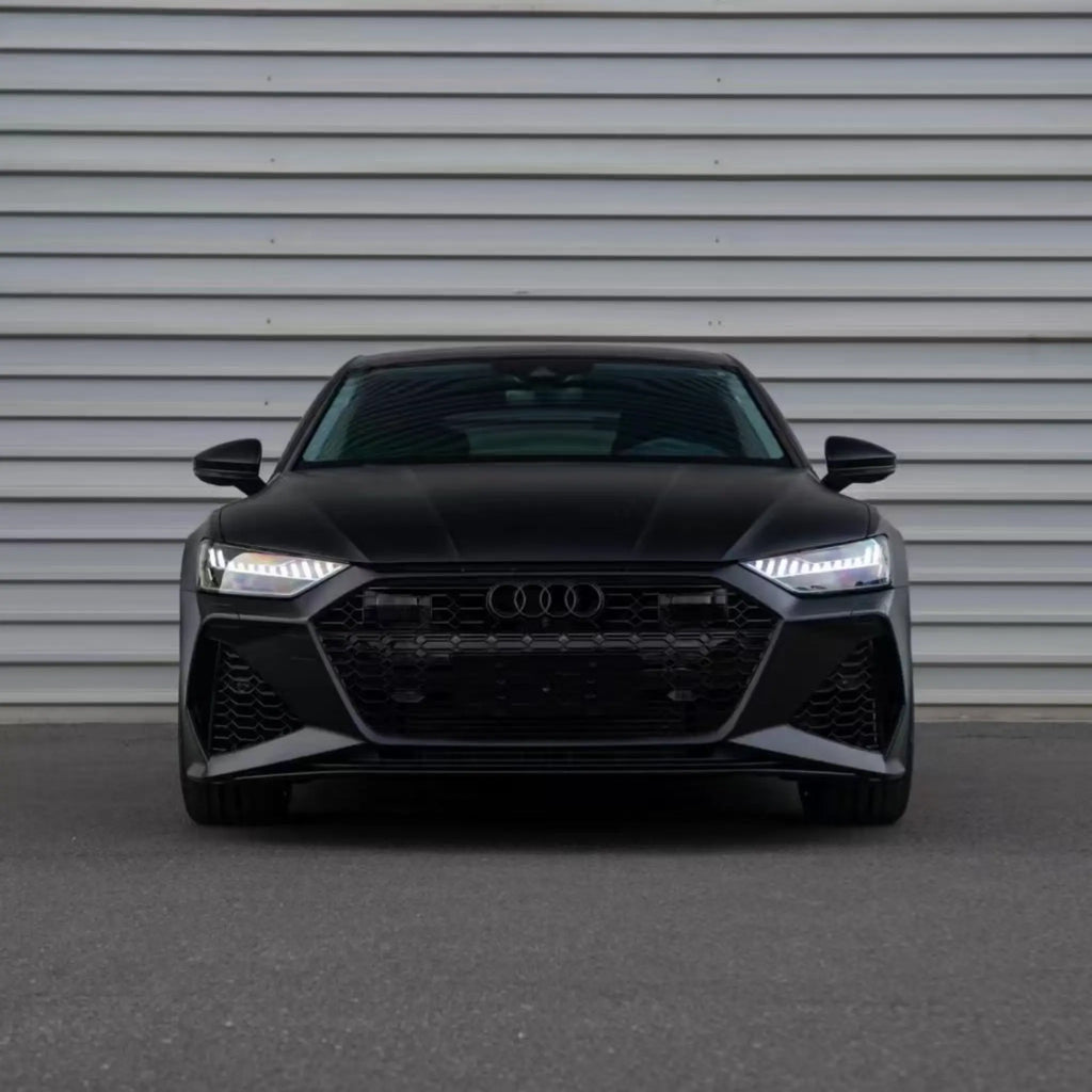 Front view of an Audi RS7 Sportback (C8) wrapped in Satin Chrome Vantablack - Kaleido
