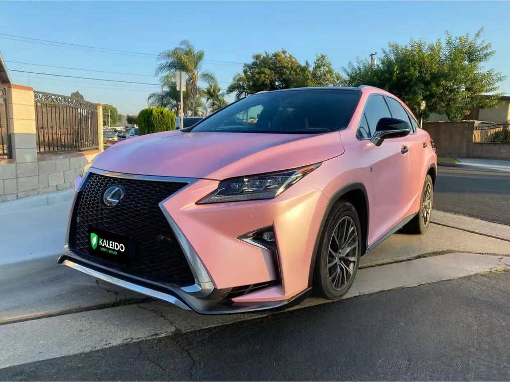 Lexus RX luxury SUV in Satin Metallic Sakura Pink vinyl wrap - front-left view - Kaleido