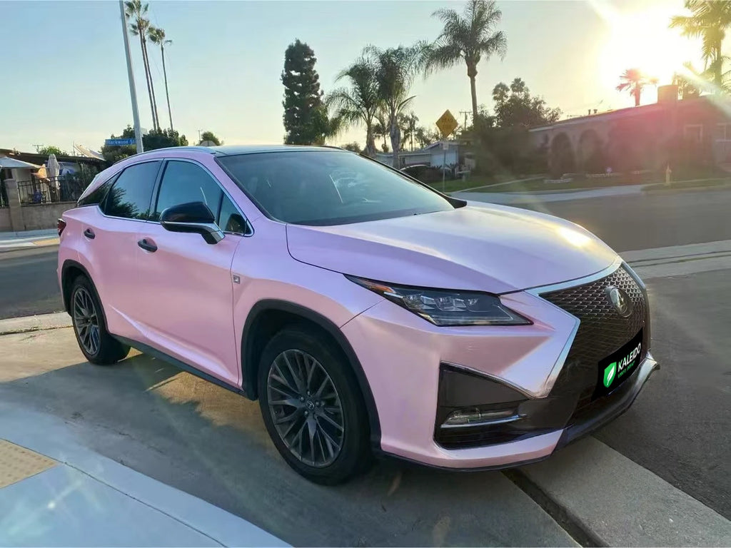 Front-right view of a Lexus RX in Satin Metallic Sakura Pink wrap - Kaleido