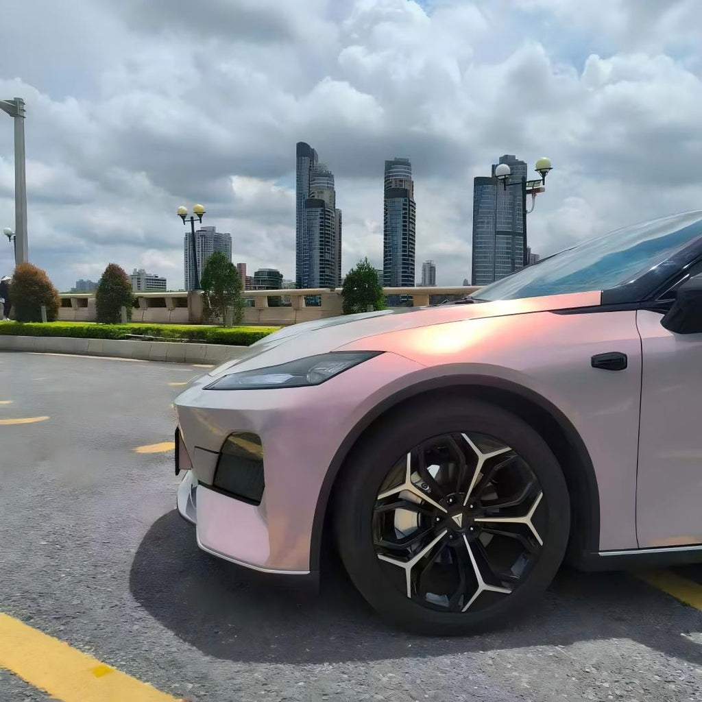 Close-up of Volcanic Aura film on Changan SL03 hood - grey to pink color shift - Kaleido