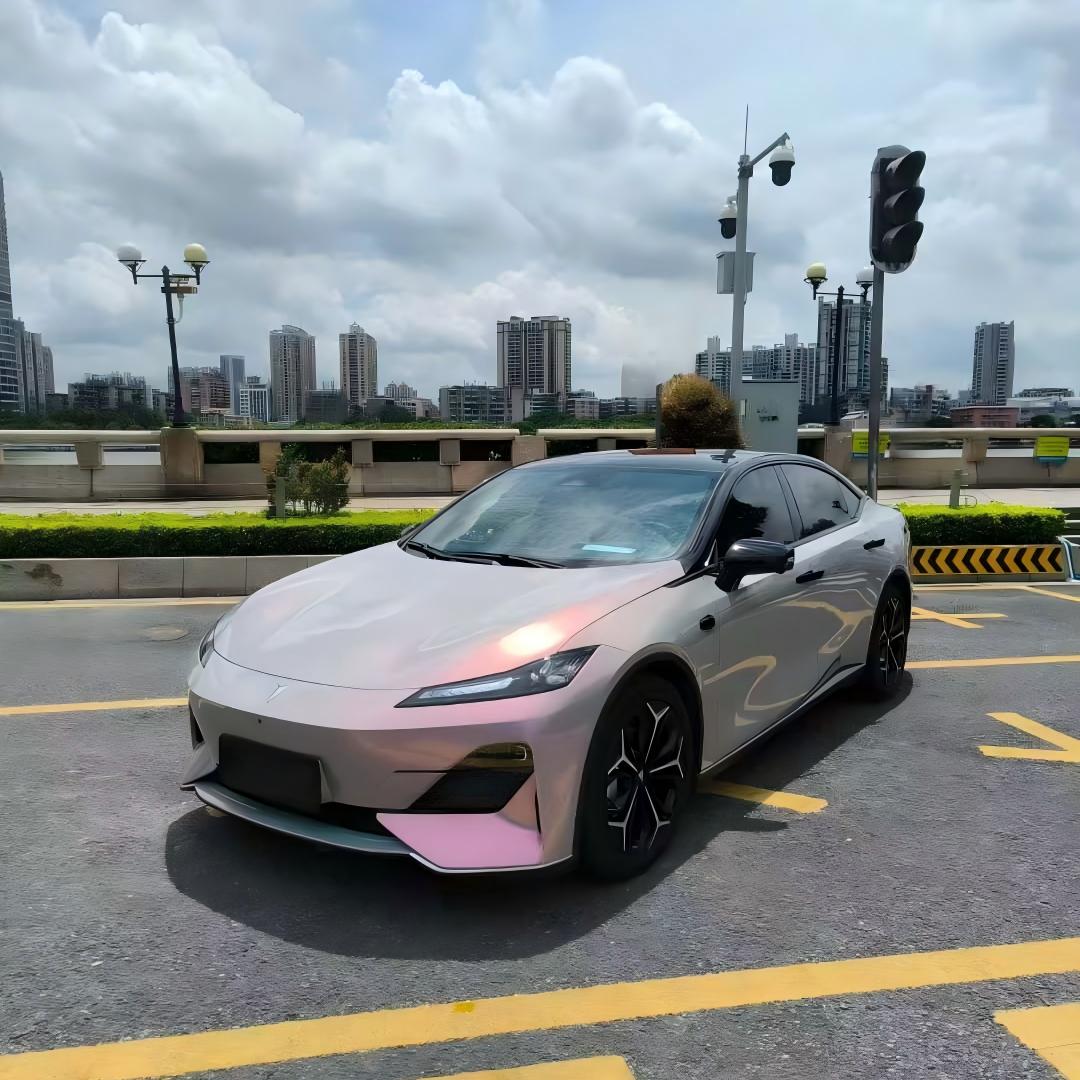 Changan SL03 EV in Volcanic Aura color shift wrap - front-left angle - Kaleido
