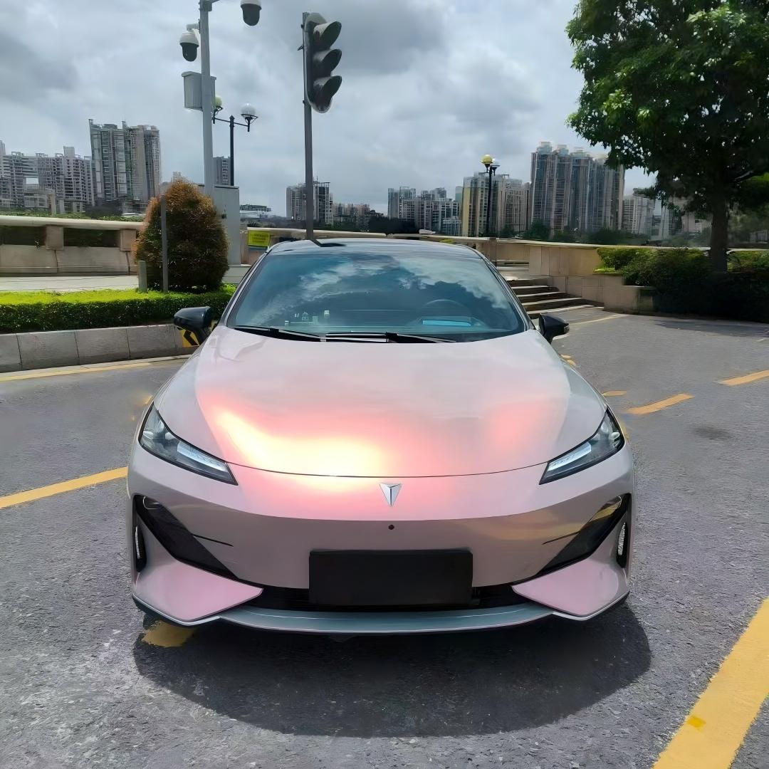 Front view of Changan SL03 electric sedan with Volcanic Aura vinyl - Kaleido