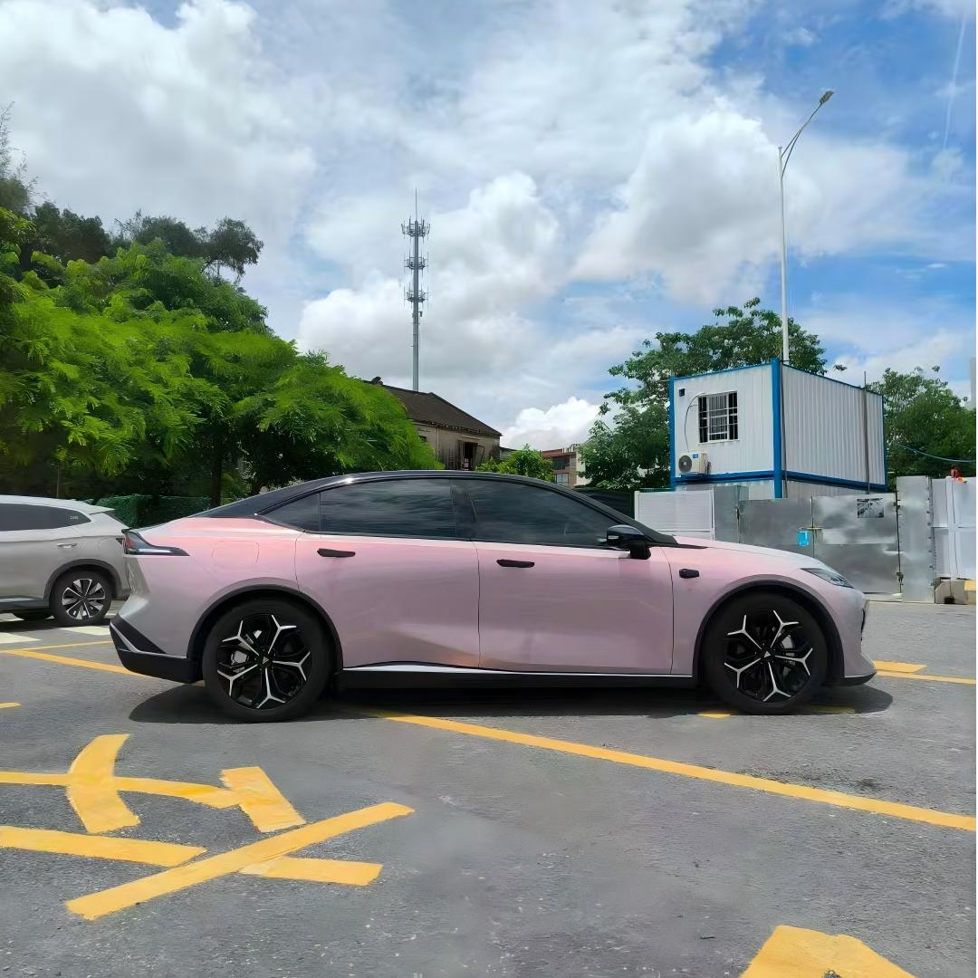 Side profile of Changan SL03 in Volcanic Aura color shift film - electric car wrap - Kaleido