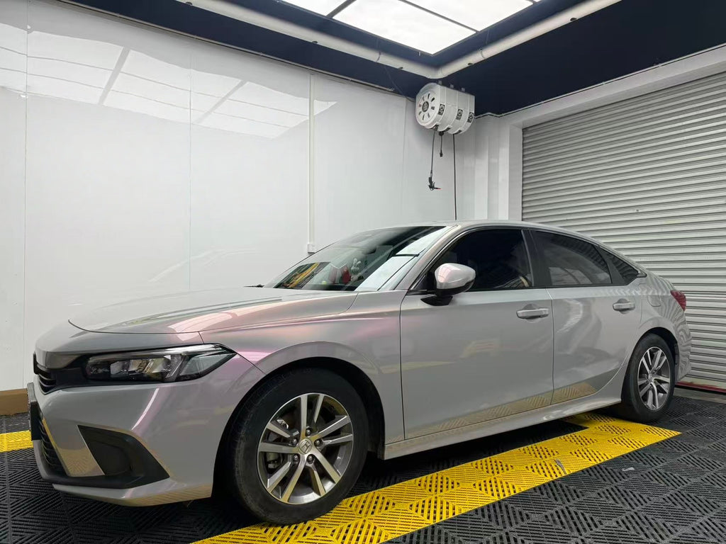 Volcanic Aura color shift wrap on front-left of Honda Civic - grey pink chameleon effect - Kaleido