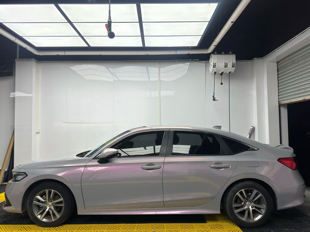 Honda Civic side profile in Volcanic Aura color shift wrap - sporty compact car - Kaleido